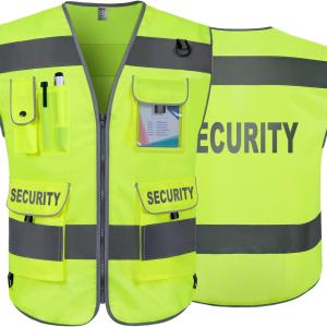 TCCFCCT Security Vest for Security Guard 9 Pockets High Visibility Reflective Safety Vest for Men Women, Durable Hi Vis Vest with Reinforced Sewing, Meets ANSI/ISEA, (G100S-Yellow, L)