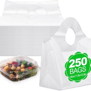 Marspark 250 Pcs Plastic Take out Bag with Wave Top Handle, 14" x 11.5" + 5.5" Reusable Unprinted Plastic Merchandise Bags with Handles Use for Shopping, Business, Carry out, Restaurant