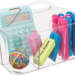 mDesign School Supplies Desk Organizer Tote for Scissors, Pens, Pencils, Noteps, Markers, Highlighters, Tape - Small, Clear