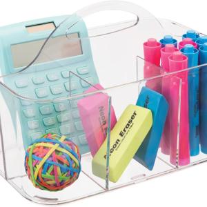mDesign School Supplies Desk Organizer Tote for Scissors, Pens, Pencils, Noteps, Markers, Highlighters, Tape - Small, Clear