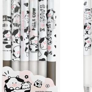 Cute Pens Kawaii 0.5mm Black Ink Gel Pens Fine Point Smooth Writing Ballpoint for Office School Supplies Nice Fun Gifts for Kids Girls Women Pens for Journaling, Pack of 6pcs (Little Milky Cow)