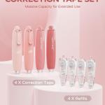 Four Candies Refillable Retractable White Correction Tape, 4PCS Smooth White Pull-Out Tape with 4 Extra Refills, Easy to Use Applicator for Instant Corrections for Office, School Supplies (Pink)