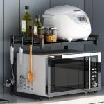 PUSDON Extendable Microwave Oven Rack, justable Microwave/Toaster Shelf Heavy Duty Stand Kitchen Counter Top Organizer, 2 Tier with 3 Hooks, 160lbs Weight Capacity, Silver Grey