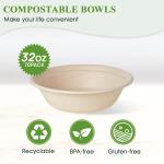 ECOLipak 32 OZ Large Compostable Disposable Paper Bowls, 70 Pack Biodegrable Bagasse Eco-Friendly Sugarcane Soup Bowls for Sal Wheat Flakes(Nature)