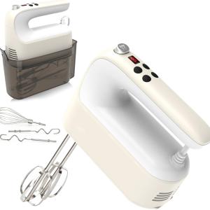 9-Speed Digital Hand Mixer Electric, 400W Powerful DC Motor, Baking Handheld with Snap-On Storage Case, 5 Stainless Steel Accessories, Flat Beaters, Dough Hooks, Whisk(Cream White)