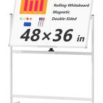 Large Rolling Whiteboard on Wheels, 48" x 36" Double-Sided Mobile White Board with Stand, 4' x 3' Portable Standing Magnetic Dry Erase Board Easel for Home Office Classroom School, Silver