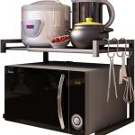 PUSDON Extendable Microwave Oven Rack, justable Microwave/Toaster Shelf Heavy Duty Stand Kitchen Counter Top Organizer, 2 Tier with 3 Hooks, 160lbs Weight Capacity, Silver Grey