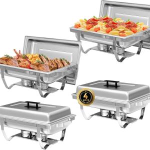 IMACONE 4 Pack Chafing Dish Buffet Set, 8QT Stainless Steel Rectangular Chafers and Buffet Warmer Sets for Catering, with Food & Water Pan, Lid, Foldable Frame, Fuel Holder for Event Party Holiday