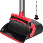 NACENA Broom and Dustpan Set, 52-in Long justable Handle Broom Dustpan Combo with Dustpan Teeth to Automatically Clean Hair Suitable for Home Kitchen Office Hall Floor（Black&Red）