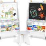 INFANS Easel for Kids with Stool, 4-in-1 Double-Sided justable Magnetic Chalkboard with Paper Roll, Bookshelves, Wheels, Wooden Standing Painting Drawing Art Board for Boys Girls