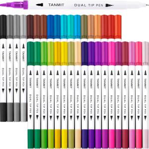 Dual Brush Marker Pens for Coloring Books, Tanmit Fine Tip Coloring Marker & Brush Pen Set for Journaling Note Taking Writing Planning Art Project