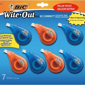 BIC White Out Tape- Tear Resistant, Clear Dispenser EZ Correct Correction Tape - 39.3 Feet Each - Pack of 7