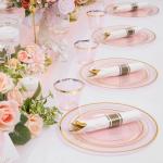 WELLIFE 210Pcs Clear-Pink Plastic Dinnerware- Pink and Gold Plastic Dinnerware include 30 Dinner Plates, 30 Dessert Plates, 90 Gold Silverware, 30 Cups and 30 Napkins Perfect for Parties