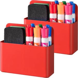 BEYGORM 2 Pack Plastic Magnetic Pen Holder for Refrigerator, Dry Erase Marker Holder for Whiteboard，Magnet School Locker Organizer Accessories, Pencil Cup, Pen Cdy, Classroom Organization(Red)