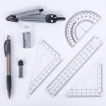 Math Geometry Kit Set 8 Pieces Student Supplies with Shatterproof Storage Box & Reusable Pouch,Includes Rulers,Protractor,Compass,Pencil,Eraser.for Students and Engineering Drawings