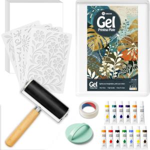 DINGSEN Gel Printing Plate Kit, Complete Printmaking Set with 5” X7” Gel Plate, Brayer, Watercolor Paints, A5 Printmaking Paper, and Essential Tools for Mixed Media Art, Monoprinting, Card Making
