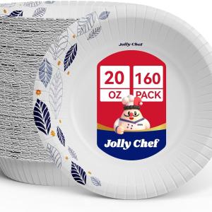 JOLLY CHEF 160 Count Paper Bowls 20 oz Soak Proof and Cut Proof Microwave Safe Heavy Duty Leaf Printed Disposable Bowls for Dinner or Thanksgiving