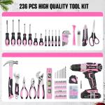 Bielmeier 20V 236Pcs Cordless Pink Drill Set for Women, Ly’s Essential Home Tool Kit with Pink Bag, Perfect DIY Electric Screwdriver Set for Home Repair & Gifts