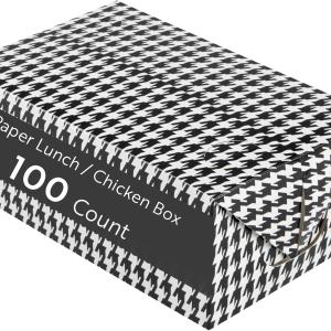 Restaurantware Takeout Lunch Box 100 Count 47 Ounce Paper Food Delivery Container Greaseproof Secure Closure Box Black Houndstooth Design 7.01 x 4.49 x 2.76 Inch Large Capacity