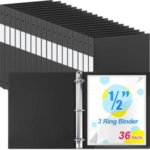 Henoyso 36 Pcs 3 Ring Binder 1/2'' Round Fits Letter Size 8. 5'' x 11'' Paper Plastic Flexible Binder Holds 100 Sheets with 1 Pockets Versatile Organizer for Office Home School (Black)