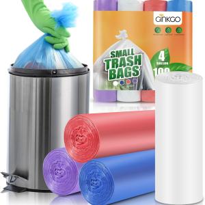 Small Trash Bags 4 Gallon Bathroom Garbage Bags - 100 Count, 4 Colors, Clear Unscented Plastic Mini Trash Bags for Kitchen, Waste Baskets, Office, Bedroom and Car - Bulk Little Garbage Can Liners