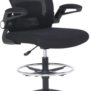 Basics Mid-Back Mesh Office Drafting Chair Stool with justable Footrest, Flip-Up Arms, Black