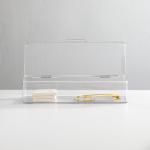 mDesign Office Supplies Desk Organizer Box with Lid for Staplers, Scissors, Pens, Sticky Notes, Highlighters, Tape - 3" Tall, Long, Clear