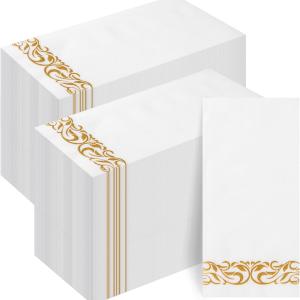 Goodluck 200-Pack Linen-Feel Disposable Guest Towels – Soft and Absorbent Paper Hand Towels for Bathroom or Kitchen – Elegant White Napkins with Gold Design for Parties, Weddings, Dinners Events