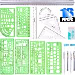Glarks 16 Pieces Measuring Templates Building Formwork Stencils Geometric Drawing Rulers and Triangular Architect Scale Ruler with Pencil, Pencil Le Refills, Eraser for Office and School