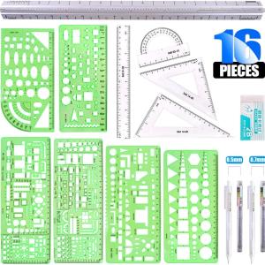 Glarks 16 Pieces Measuring Templates Building Formwork Stencils Geometric Drawing Rulers and Triangular Architect Scale Ruler with Pencil, Pencil Le Refills, Eraser for Office and School