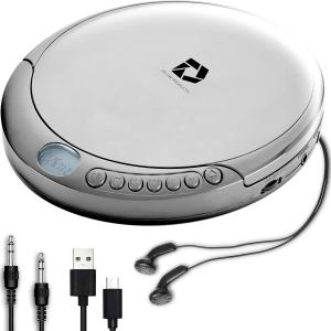 CD Player Portable with 60 Second Anti Skip, Stereo Earbuds, Includes Aux in Cable and AC USB Power Cable for use at Home or in Car. Silver
