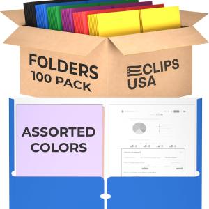 Folders with Pockets 2 Pocket Folders Bulk, Holds 100 Sheets (50 per Pocket) Assorted Colors, Office Or School (100)