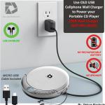 CD Player Portable with 60 Second Anti Skip, Stereo Earbuds, Includes Aux in Cable and AC USB Power Cable for use at Home or in Car. Silver