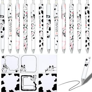 Sabary 18 Pieces Cow Print Stuff, 12 Cow Pens and 300 Sheets Notes with 5 Styles, Black Ink Gel Pens for Birthday Party Back to School Student Gift Women Office School Supplies