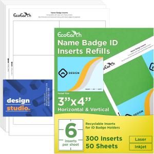 EcoEarth - Name Bge Inserts - 3x4 inches, 300 Cards, 50 Sheets - Customizable Blank Name Tag Refills for Bges - Printable Cardstock - Personalized ID Labels for Laser & Inkjet Printers