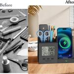 TopMe Wireless Charger with Pen Remote Holder, Multi-Functional Leather Nightstand Organizer Fast Charging Station, Digital Thermometer and Humidity Gauge, Desktop Storage (Black Carbon Fiber