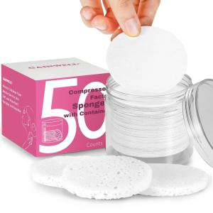 GAINWELL 50-Count Compressed Facial Sponges with Storage Container, for Facial Cleansing, Reusable Makeup Remover, Portable, Suitable for Travel, White