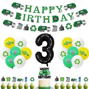 Garbage Truck 3rd Birthday Decorations Trash Truck 3rd Birthday Cake Cupcake Toppers Banner Garland Number 3 Foil Balloon for Waste Management Recycling Party Supplies
