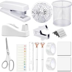 Office Supplies,Desk Accessories, Stapler and Tape Dispenser Set for Women with Stapler, Tape Dispenser, Staple Remover, Staples, Clips, Scissor and Tabs,Gift for Students, Coworkers