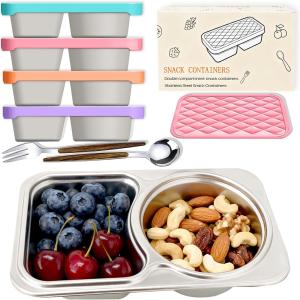 4 Pack Stainless Steel Snack Container with Spoon and Fork,Snack Containers with Silicone Lids,Compartment Reusable Leak-Proof Design for Outdoor Camping Portable Food Storage