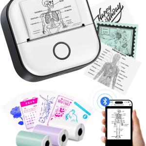 Memoking Mini Printer - Sticker Printer T02 Portable Thermal Inkless Sticker Maker Machine, Bluetooth Pocket Labeler for Study Graphics, Anatomical Diagrams, Photos, Receipts, DIY,Gift