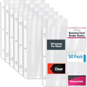 Better Office Products 50/Box Clear Heavyweight Business Card Sleeve Pages, Refill Pages, 10 Pockets Per Sheet, 3 Ring Business Card Binder Sheets, 50 Count
