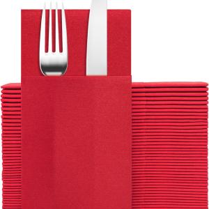 Red Napkins Hand Towels Disposable, Linen-Feel Dinner Napkins with Prefolded Built-in Flatware Pocket, Guest Paper Hand Towels For Wedding, Dinner Or Party (16x16in, 50Pack）