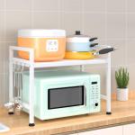 PUSDON Extendable Microwave Oven Rack, justable Microwave/Toaster Shelf Heavy Duty Stand Kitchen Counter Top Organizer(L15.7~23.6" xW12.6 xH18.9), 2-Tier with 3 Hooks, 160lbs Weight Capacity, White