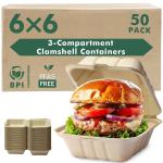 [6x6"-50Pack]100% Compostable To Go Food Containers with Lids, Burger Box Take Out Clamshell Container, Bio Disposable | Eco Friendly | Heavy-Duty Boxes, Me of Sugarcane Fibers