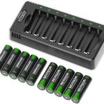 BEVIGOR Rechargeable AA Batteries with Charger, 10 Pack 2800mAh High Capacity Ni-MH Double A Batteries with Smart 8 Bay Smart Battery Charger, USB Fast Charging