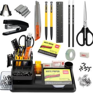 deli Black Office Supplies for Desk, 17Pcs Desk Organizers and Accessories with 4 Pens,Tape Dispenser,Stapler,Staples,Staple Remover,Pen Holder,Scissor,Ruler,Eraser,Note P,Cutter,Clips Set