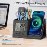 TopMe Wireless Charger with Pen Remote Holder, Multi-Functional Leather Nightstand Organizer Fast Charging Station, Digital Thermometer and Humidity Gauge, Desktop Storage (Black Carbon Fiber