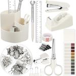 Marspark Office Desk Accessories 12 Pcs Office Supplies Set 360° Rotating Pen Holder, Stapler, Tape Dispenser, Scissor, Sticky Notes, Binder Clips, Desk Organizers Gift for School (Beige)