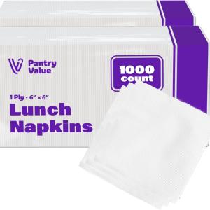 Pantry Value [1000 Count - 6x6 Inch folded] 1-ply White Lunch Napkins - Disposable Absorbent Paper Napkins for Everyday use, Events, Parties (12x12 Inch unfolded)